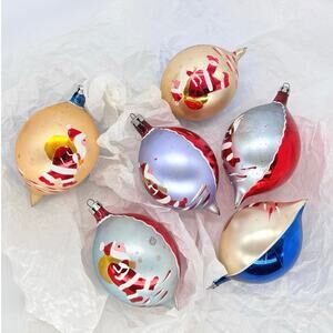•SOLD• (6) MCM Polish Handmade Mercury Glass “Santa Delivery” Teardrop Ornaments
